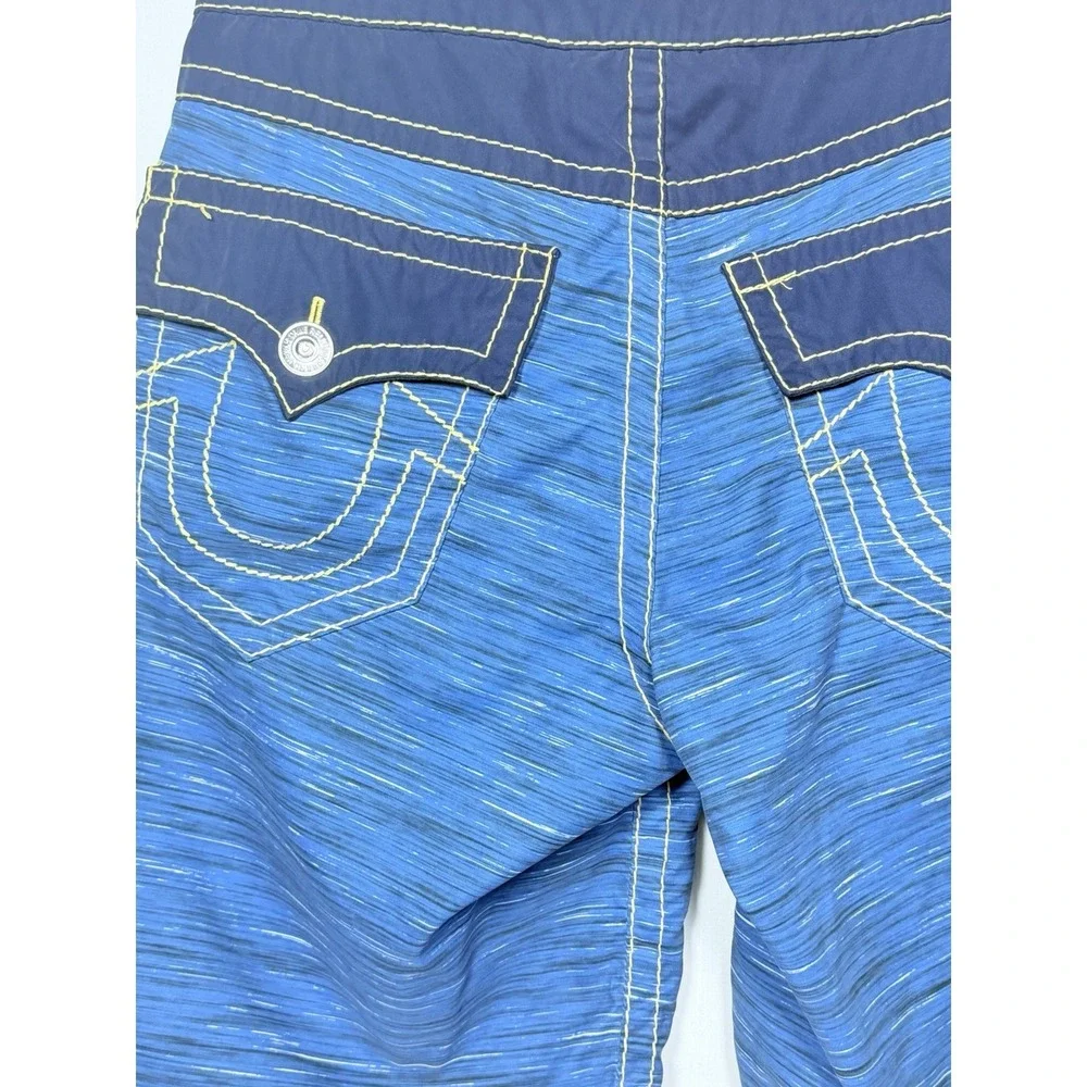 True Religion Blue Yellow Stitch Horseshoe Flap Pocket Board Swim Shorts 32